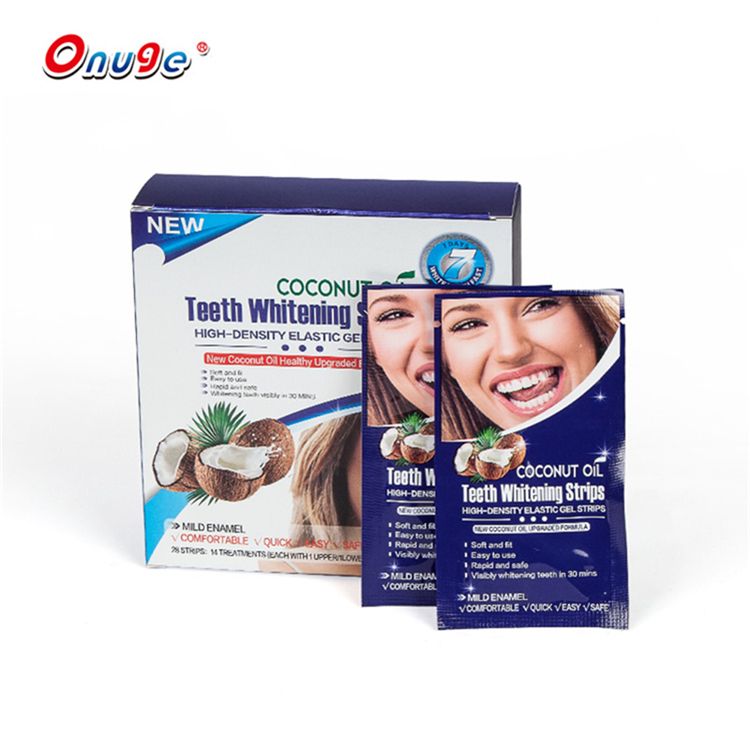 Tiras de gel branqueador de dentes com óleo de coco